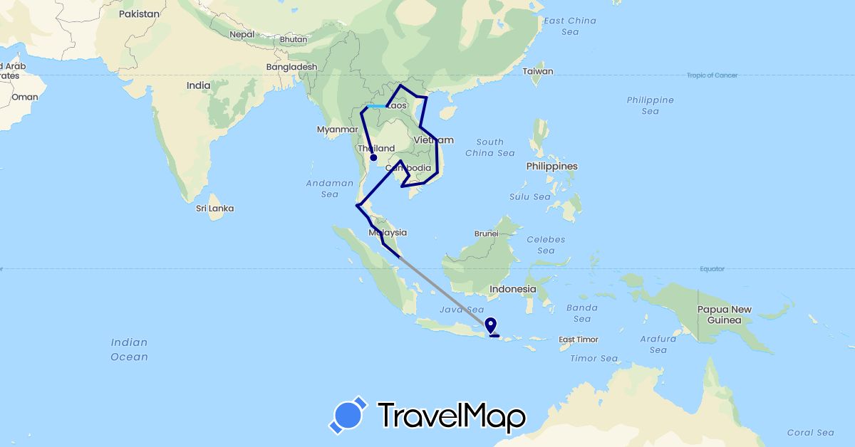 TravelMap itinerary: driving, plane, boat in Indonesia, Cambodia, Laos, Malaysia, Singapore, Thailand, Vietnam (Asia)